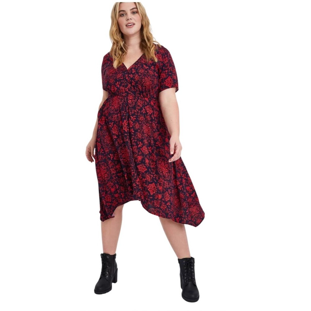 Torrid Red & Black Floral Challis Shirt Dress